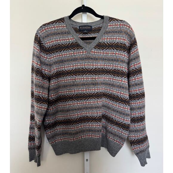Brooks Brothers 100% Lambswool Sweater Gray Tan V-Neck Pullover Men’s Medium - Picture 1 of 5